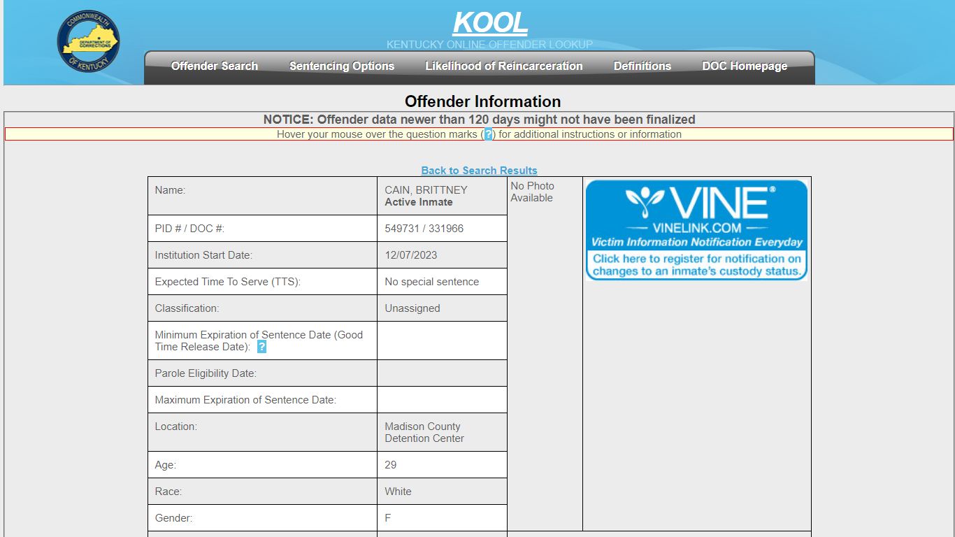 Kentucky Department of Corrections - Kentucky Offender Search